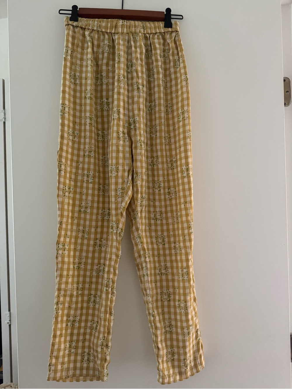 Yellow Gingham Floral Elastic Waist Pants